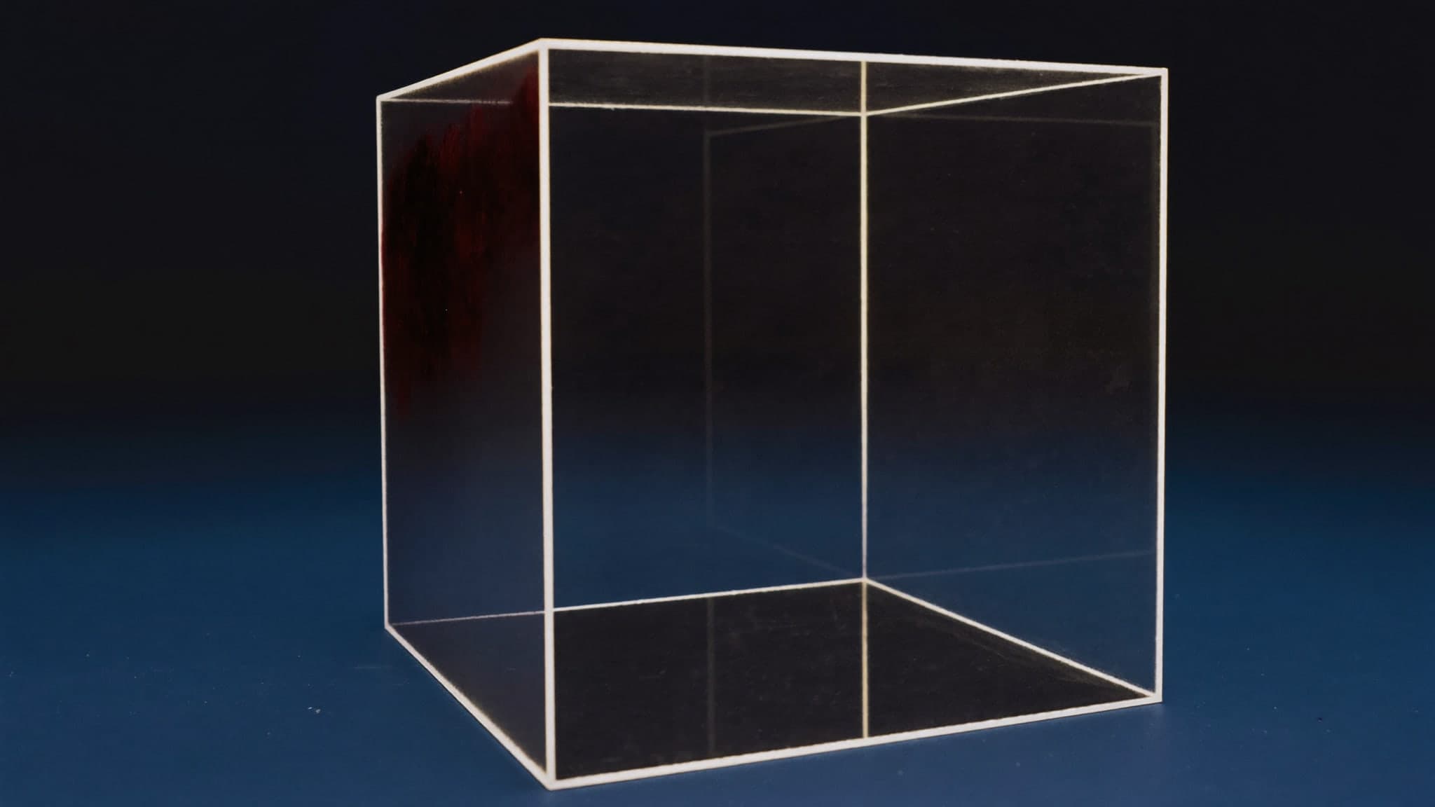 Un cubo de cristal hueco en la oscuridad, completamente vacío por dentro.