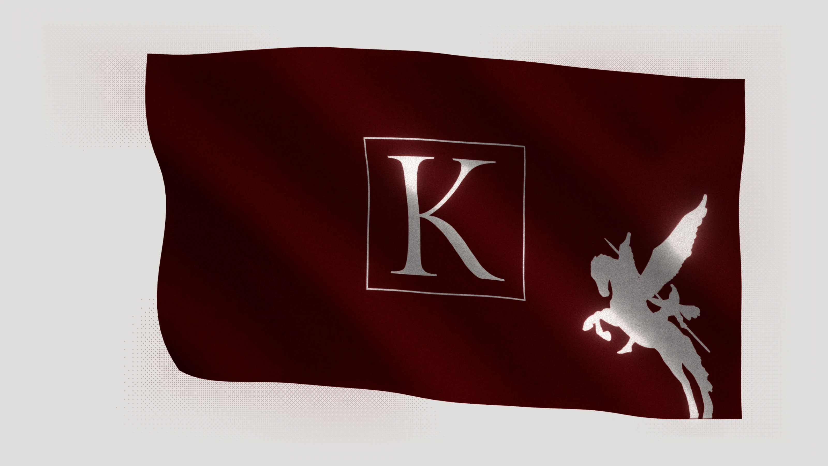 Página Sobre nosotros: una bandera granate con una K y el caballero, ondeando