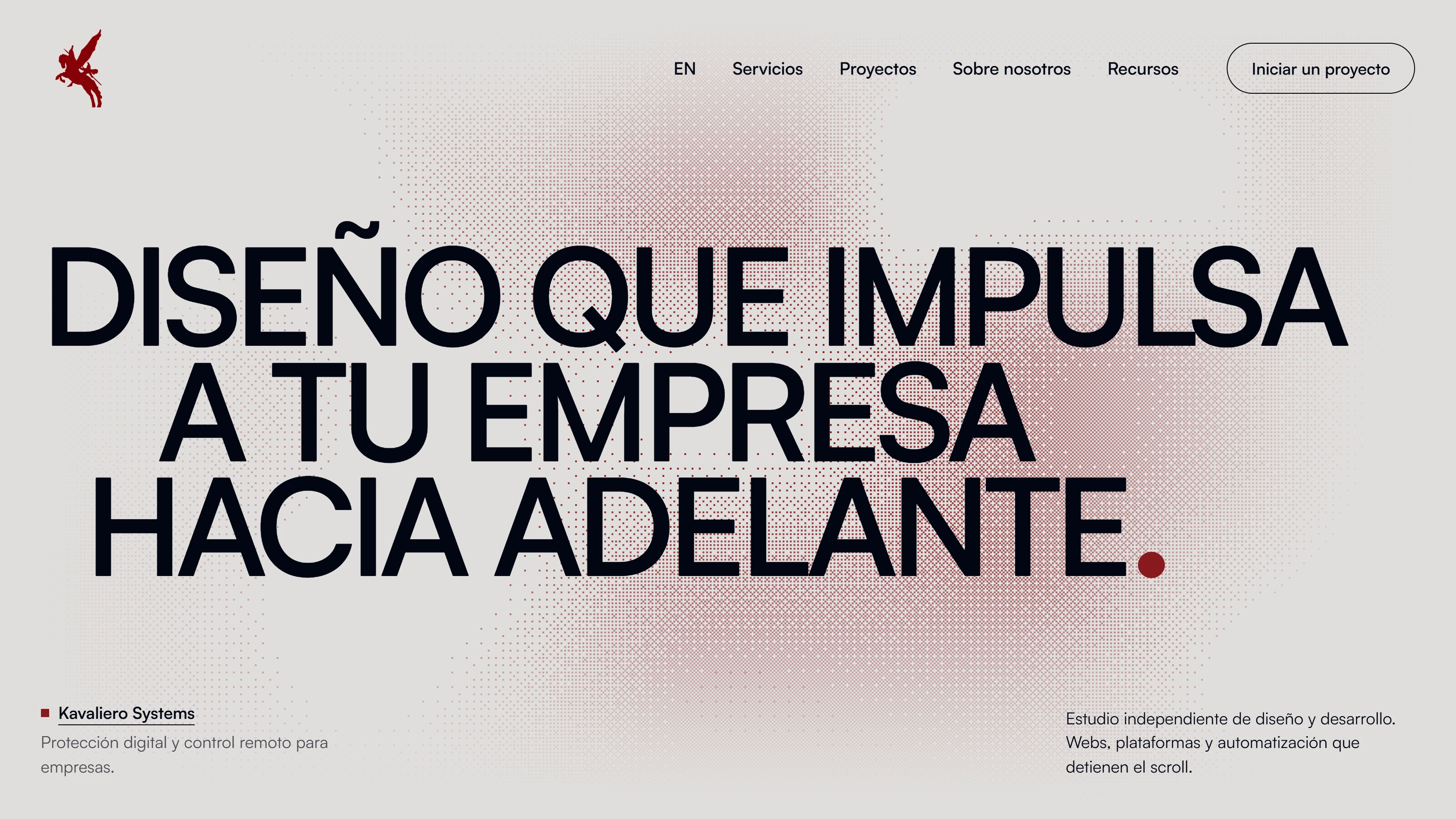Portada de kavaliero.com: el titular «Diseño que impulsa a tu empresa hacia adelante» en mayúsculas sobre un campo de cuadrados rojos