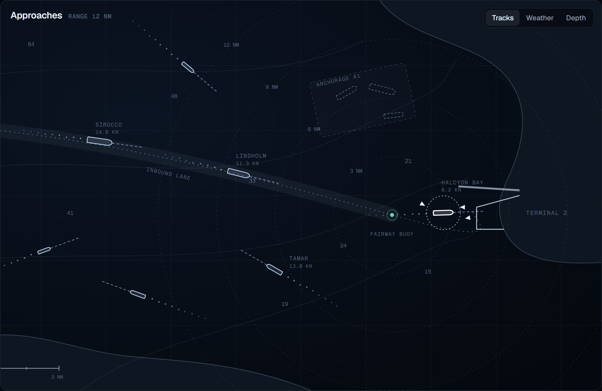 Interface study: the approaches chart with range rings, the inbound lane and ships under way with their wake and course