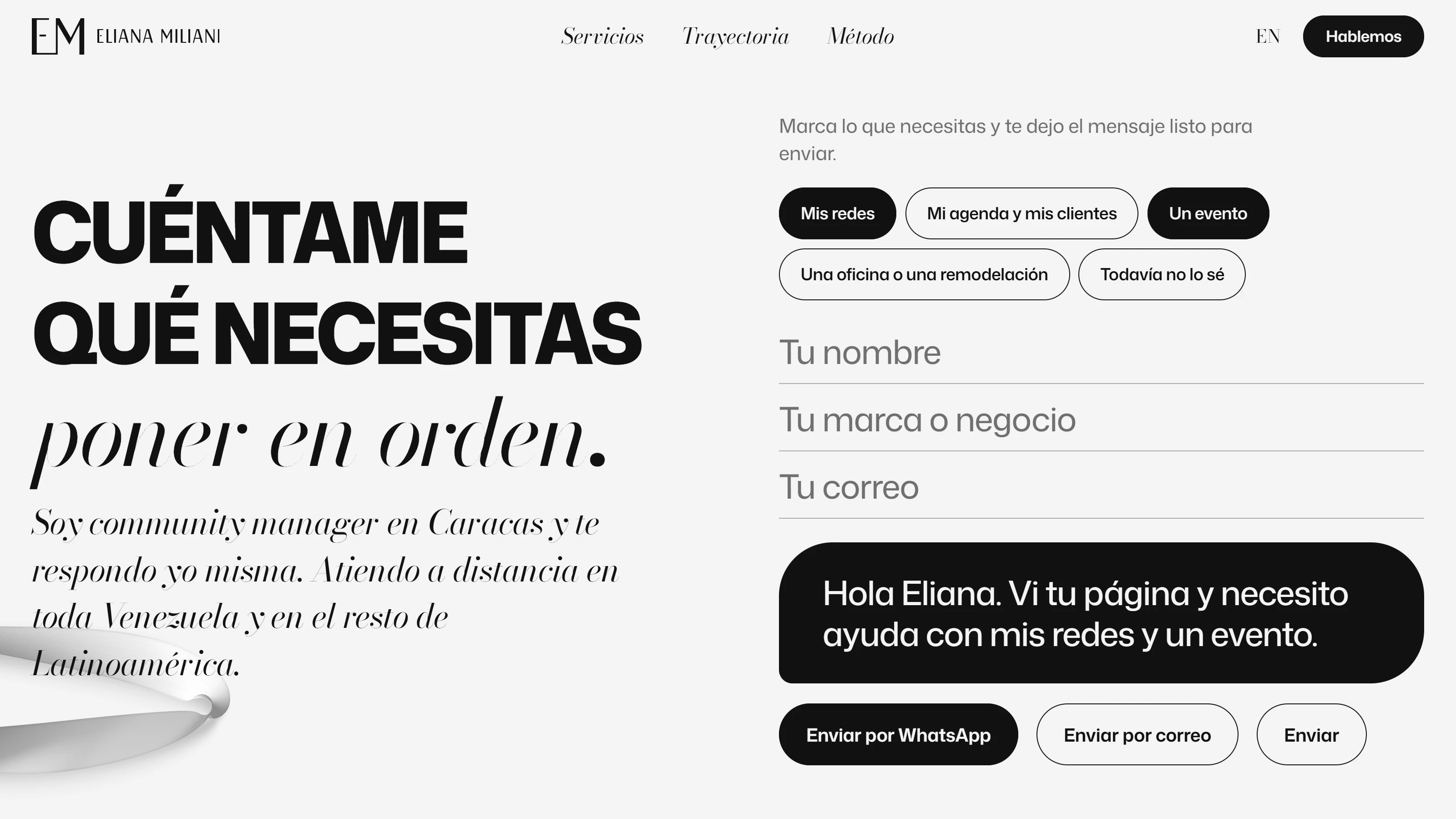 Página de contacto del sitio con dos necesidades elegidas y la burbuja con el mensaje ya redactado sobre tres formas de enviarlo