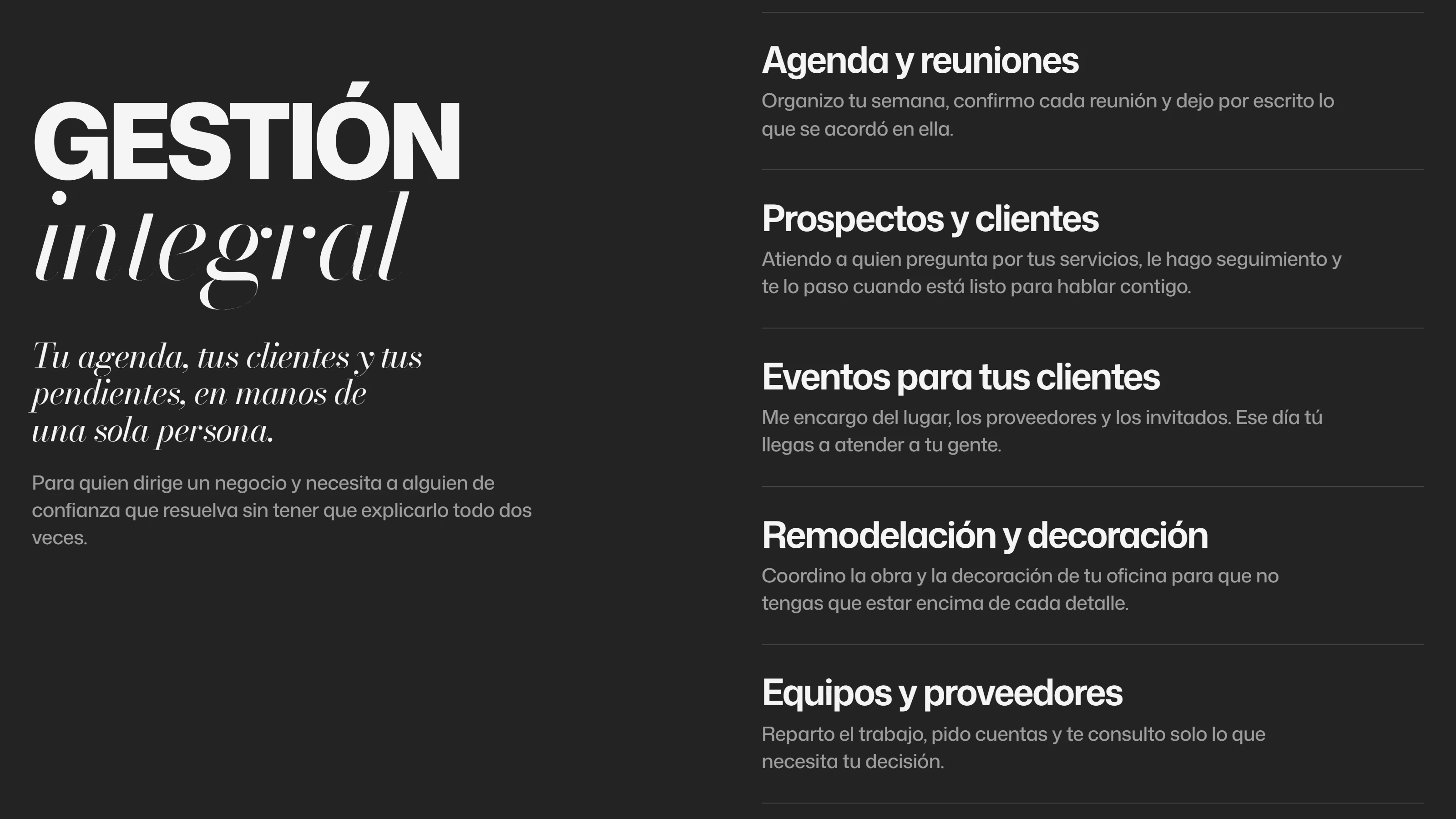 Sección Gestión integral del sitio sobre el fondo grafito, con la misma composición y sus cinco servicios