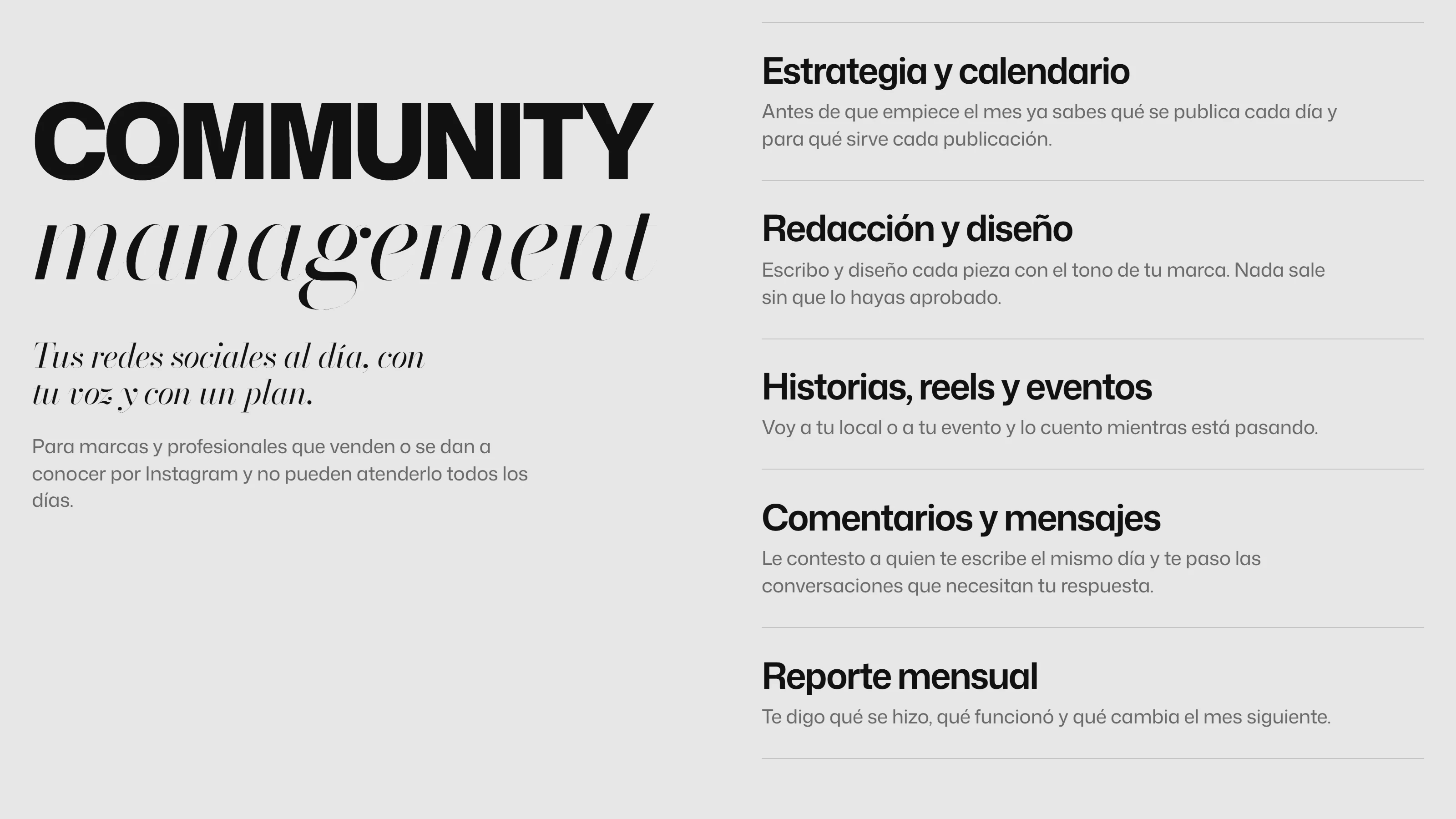 Sección Community management del sitio sobre el fondo claro: el nombre en dos tipografías a la izquierda y sus cinco servicios a la derecha