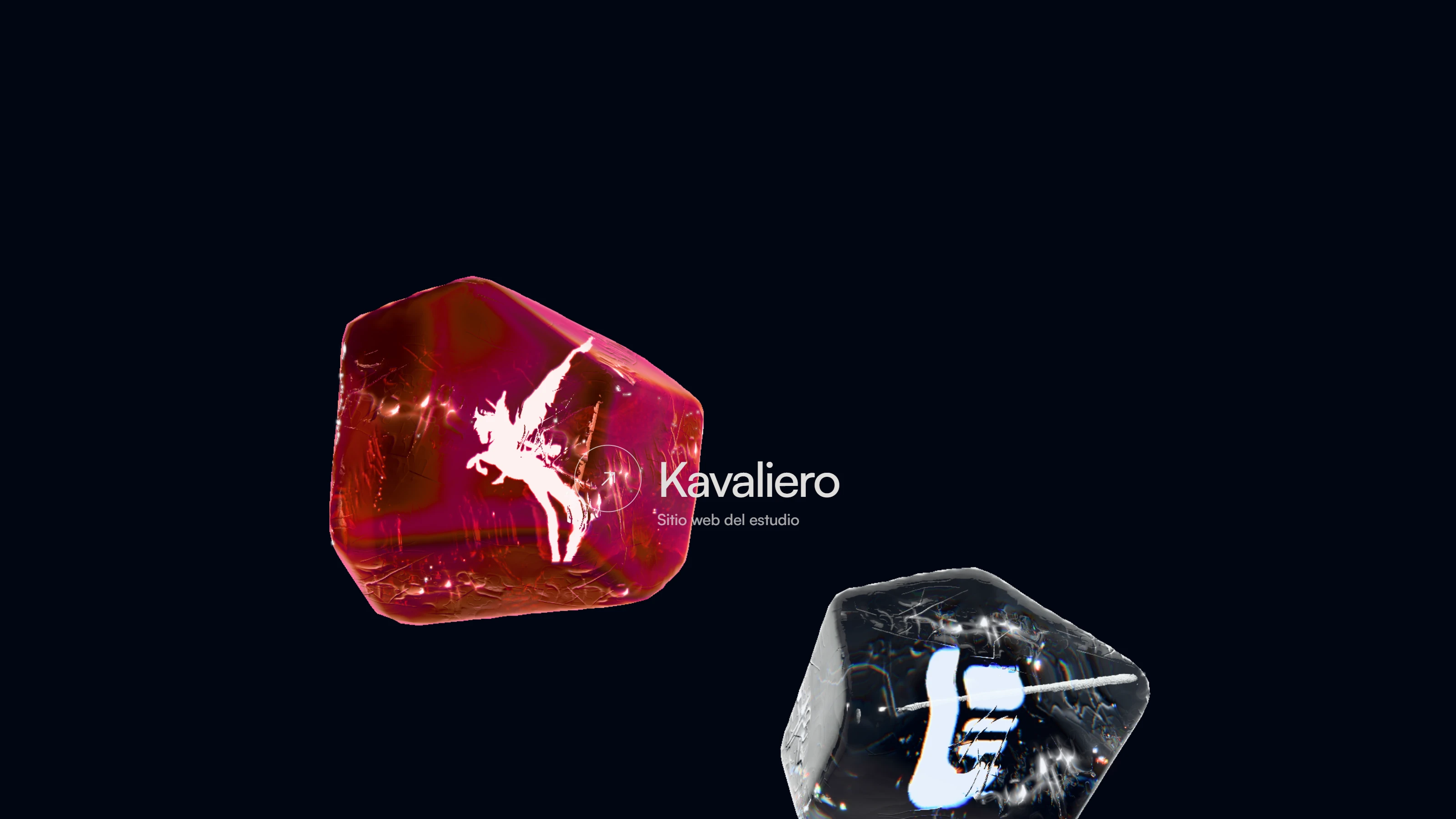 Página de proyectos de kavaliero.com: el bloque de cristal de Kavaliero encendido en rojo, con su nombre junto al cursor