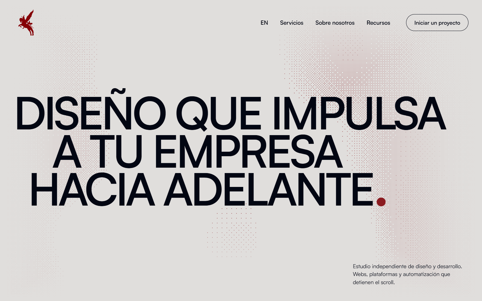 Página principal de Kavaliero con tipografía de gran formato y un campo de píxeles rojos