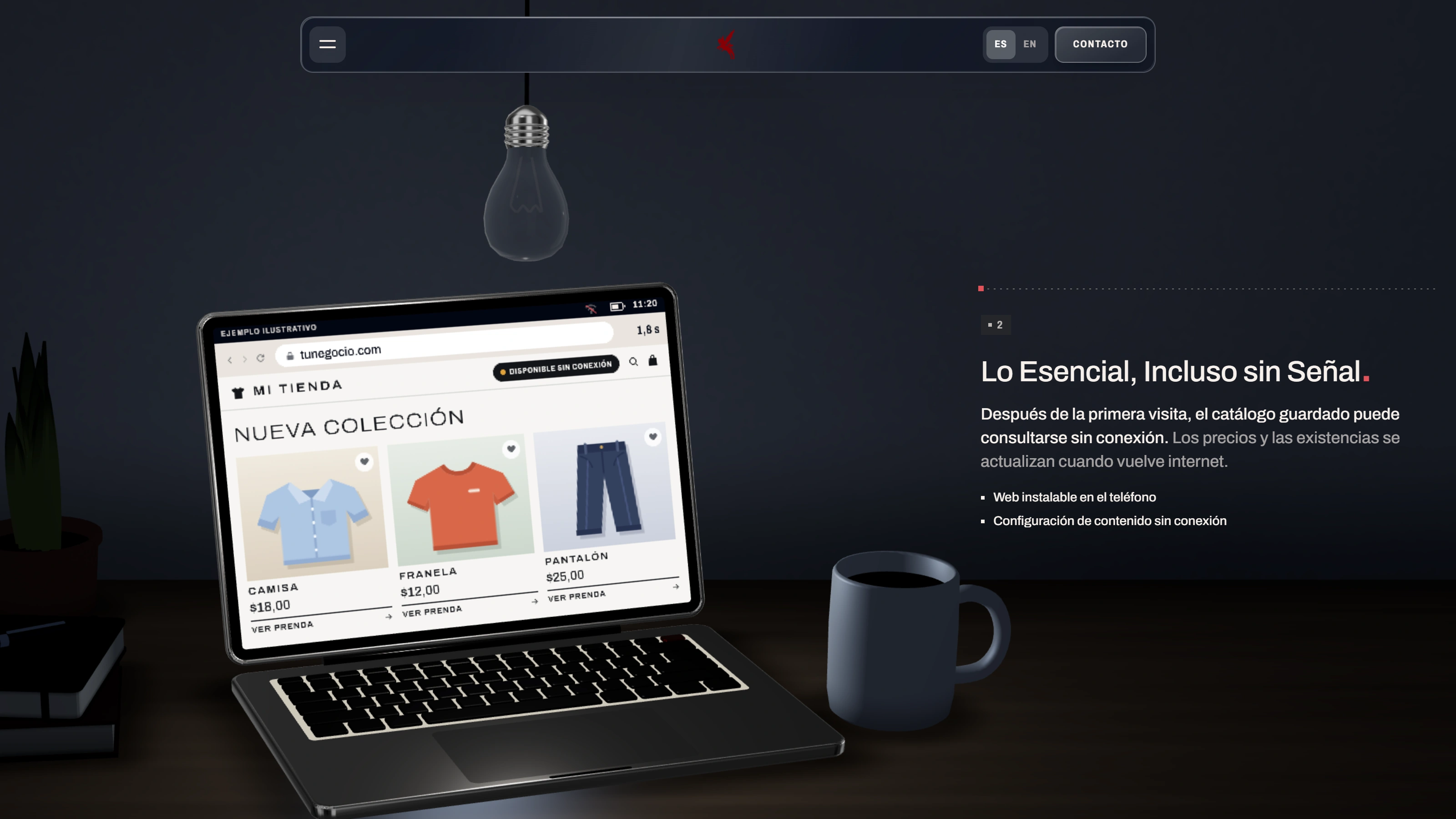 The resilient-website page in the dark: the bulb out and a laptop showing an example catalogue that is still available offline