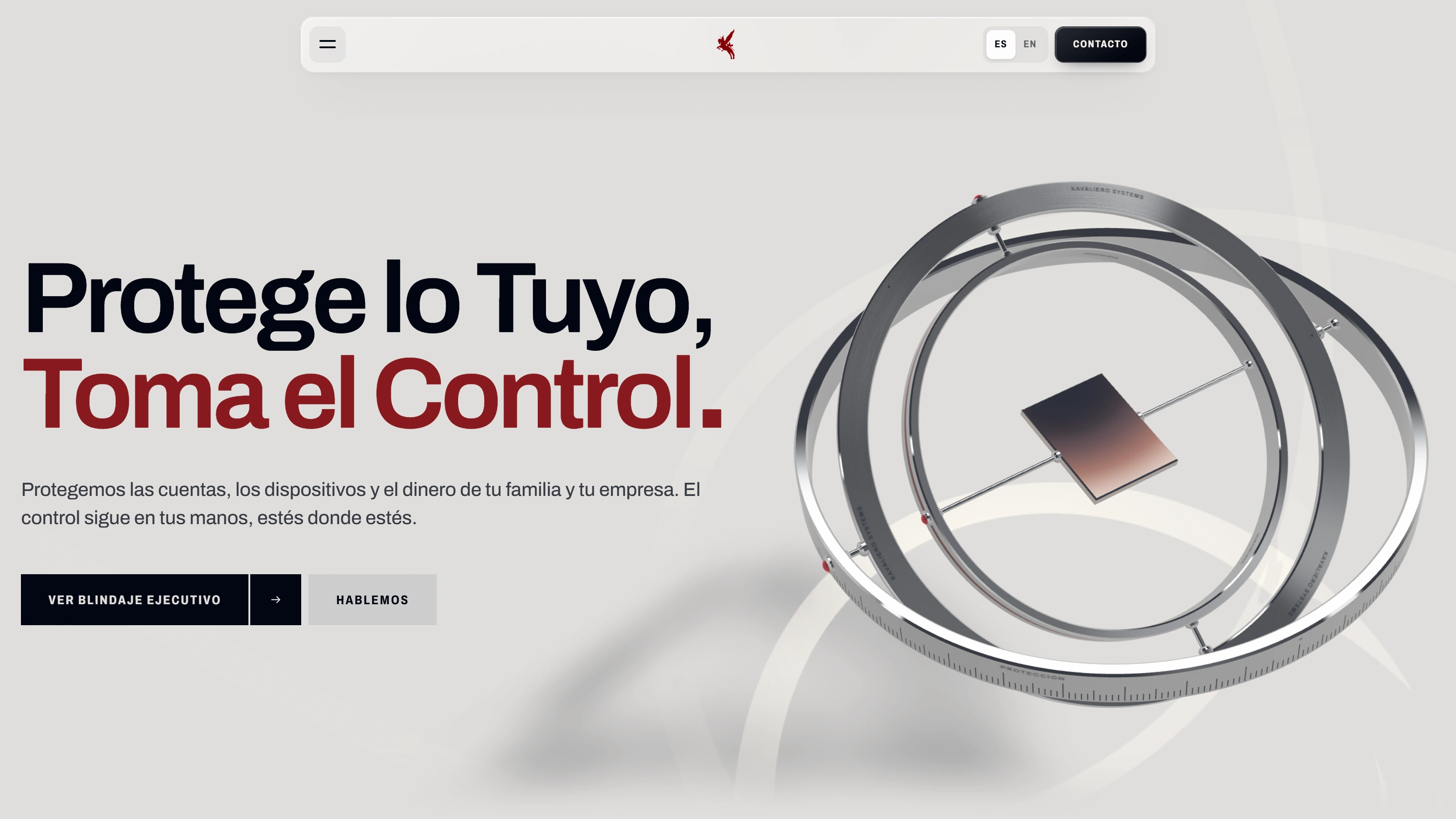 The Kavaliero Systems home page, in Spanish: its headline beside an instrument of three steel rings around a dark plate