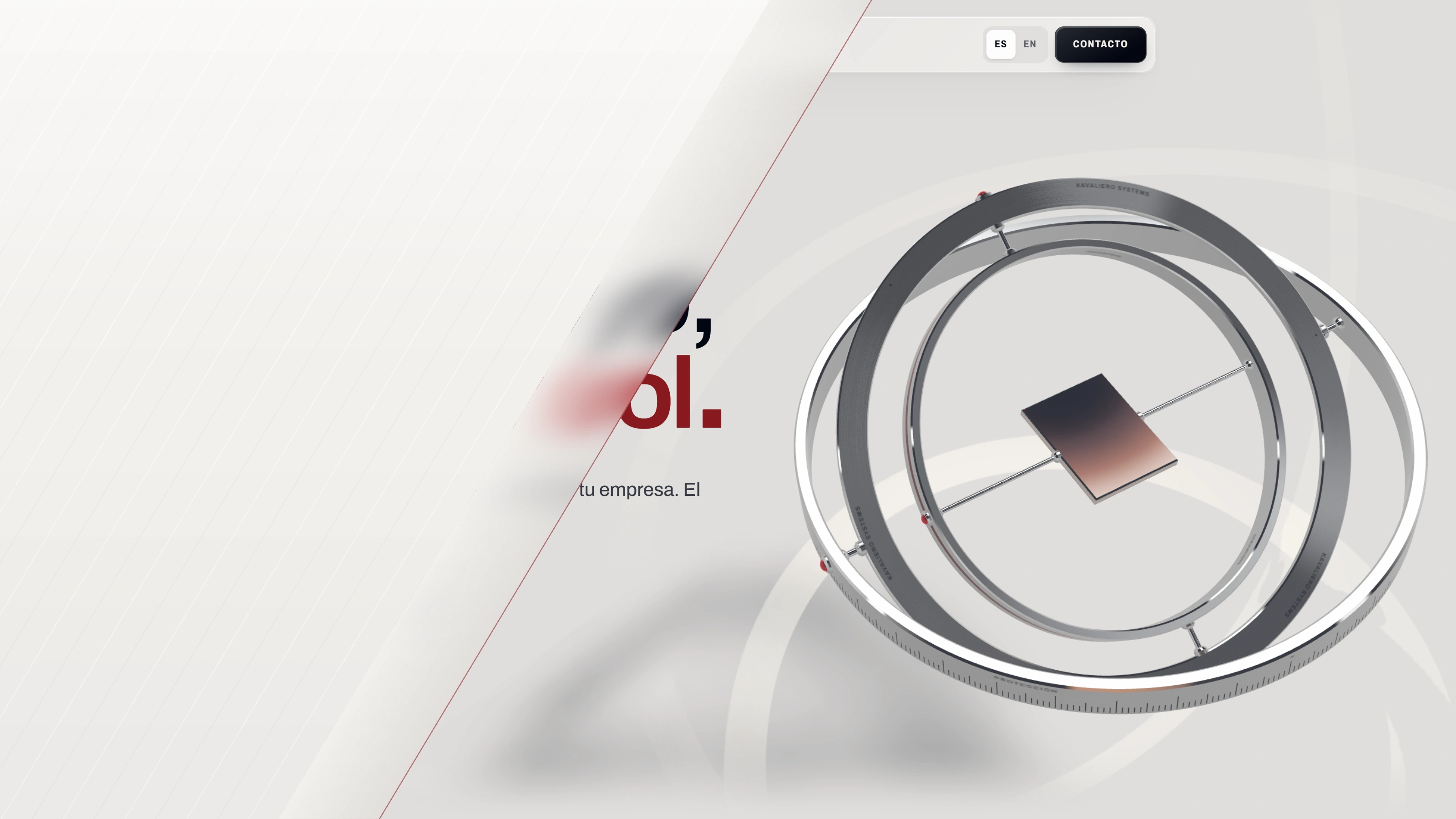 The Kavaliero Systems page transition: a slanted sheet of glass with a red edge crossing the home page from the left, the ring instrument still in view