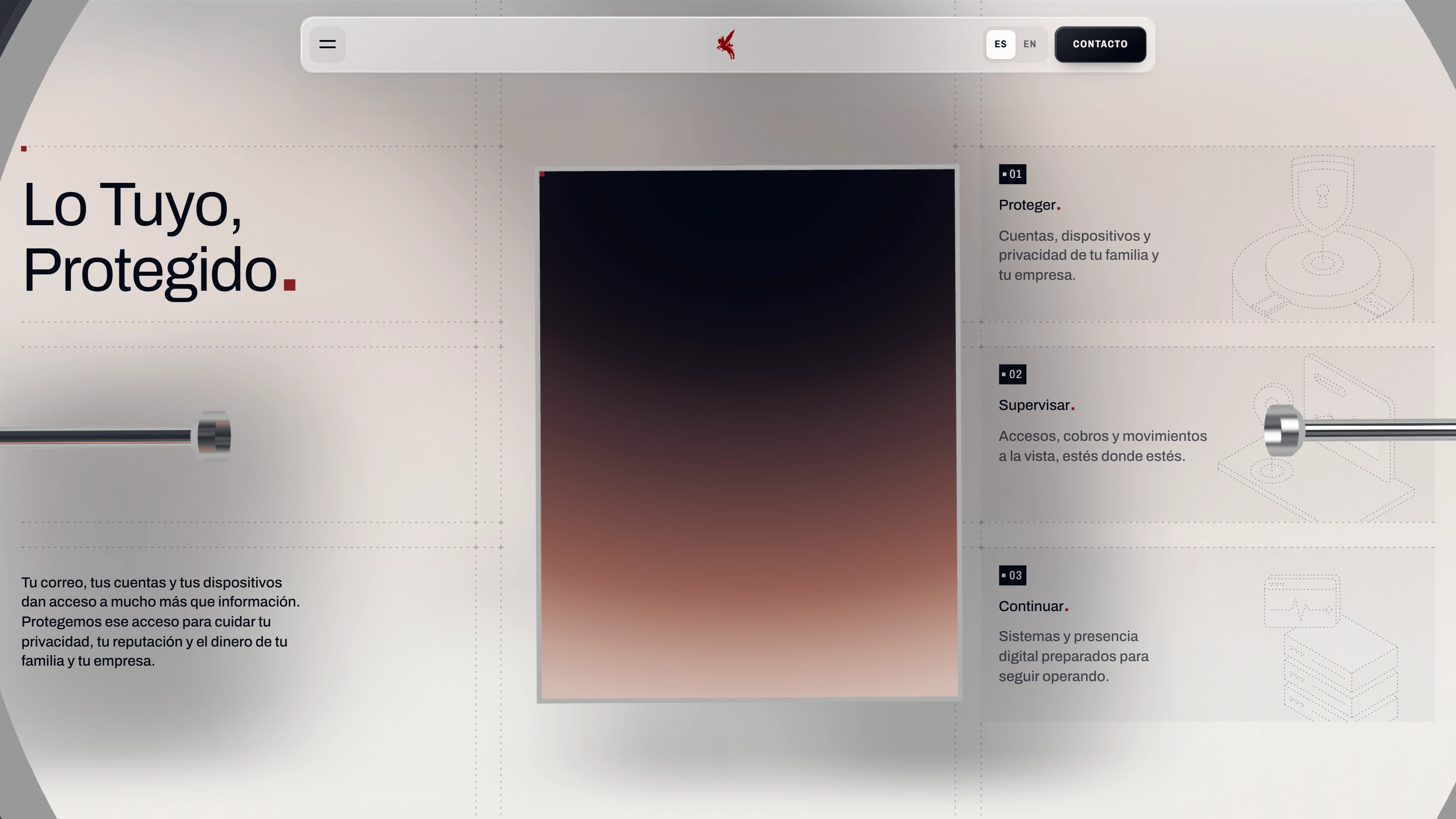 The Kavaliero Systems home page part way through its first scroll: the instrument's plate settling into the middle column over a dashed grid, an axle leaving on each side