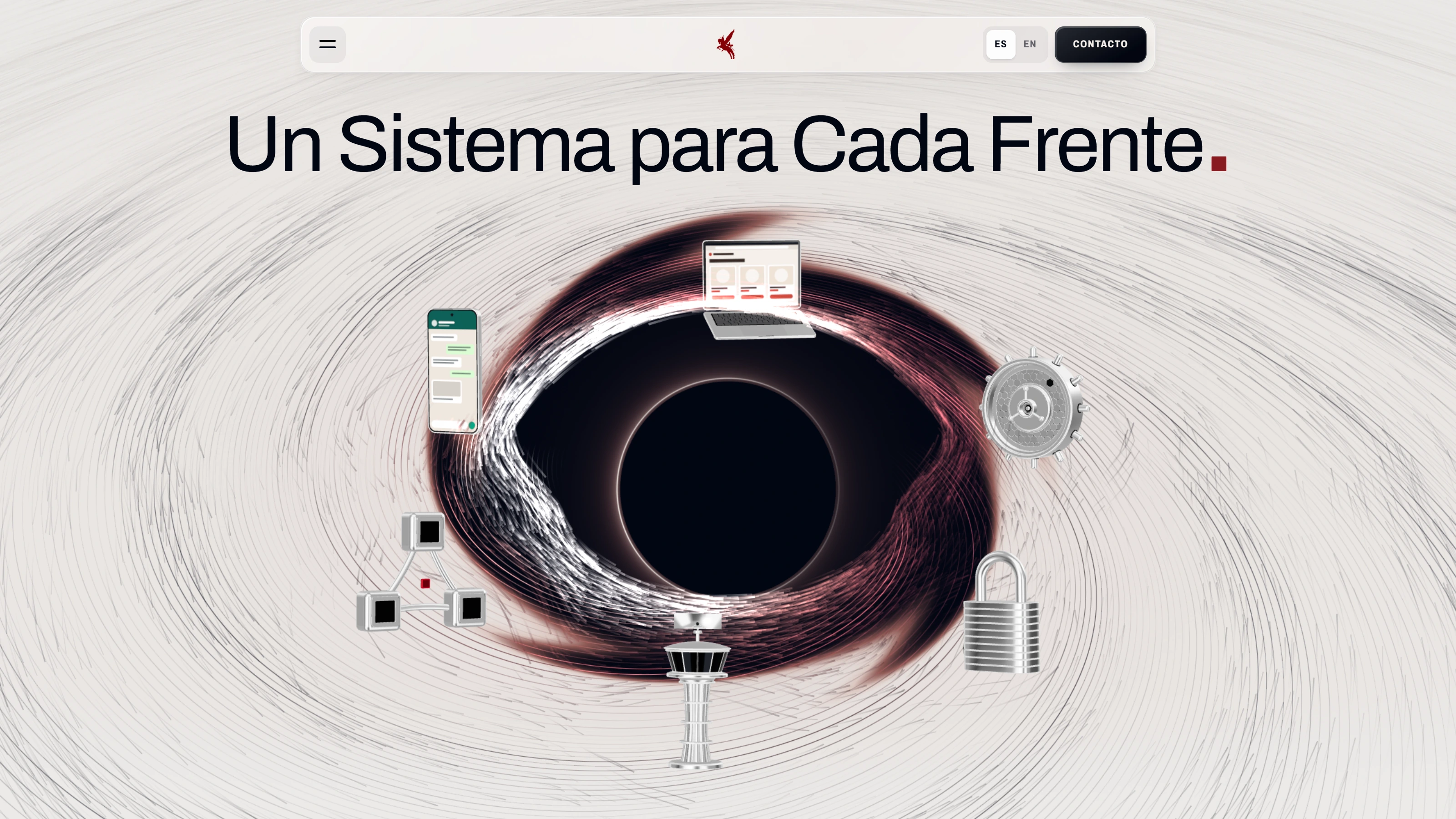 The Kavaliero Systems solutions index: six chrome objects circling a black hole engraved on paper