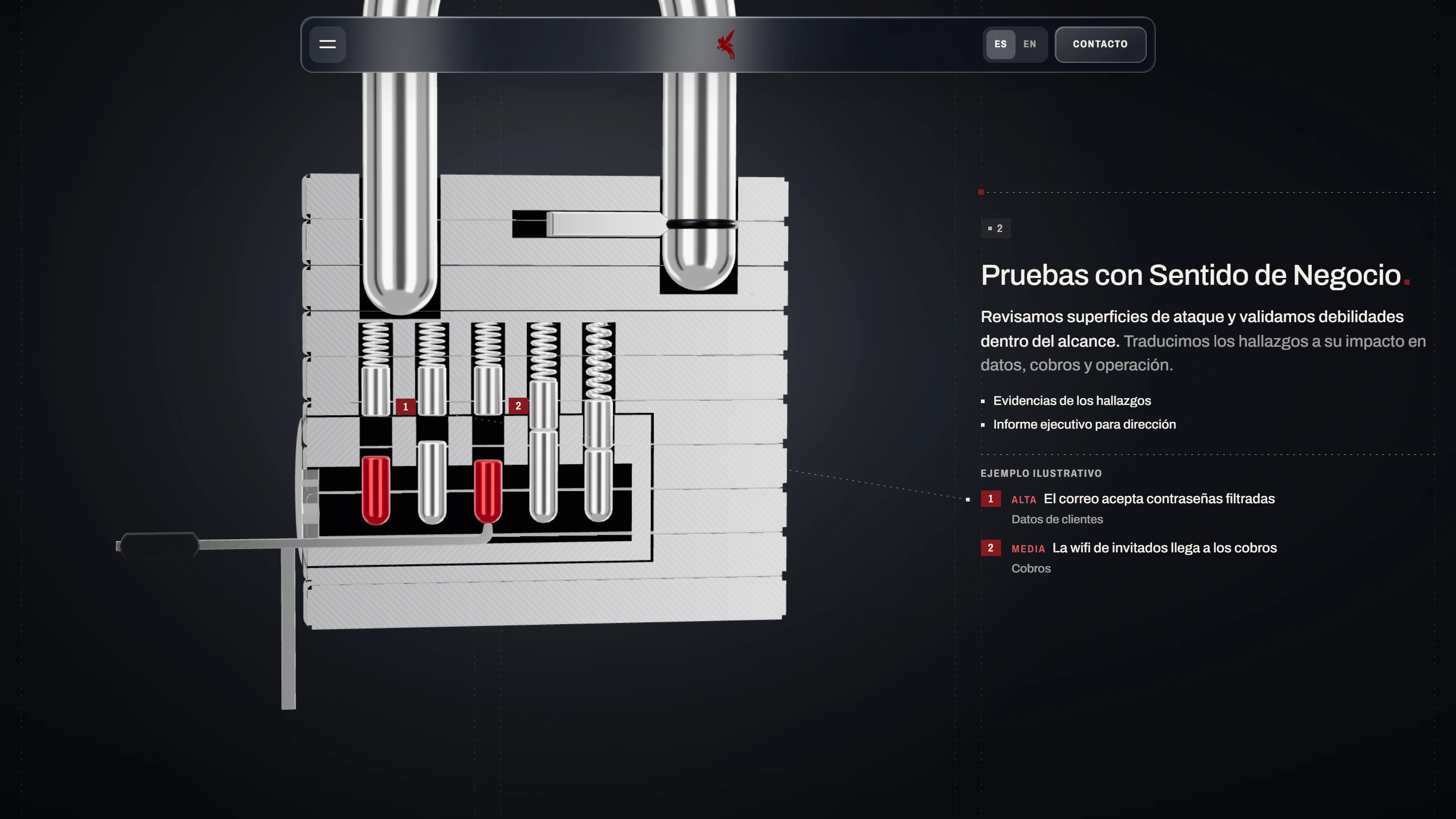 The audit page: a padlock in section with a pick under its pins, two of them red, beside two findings tagged as an illustrative example