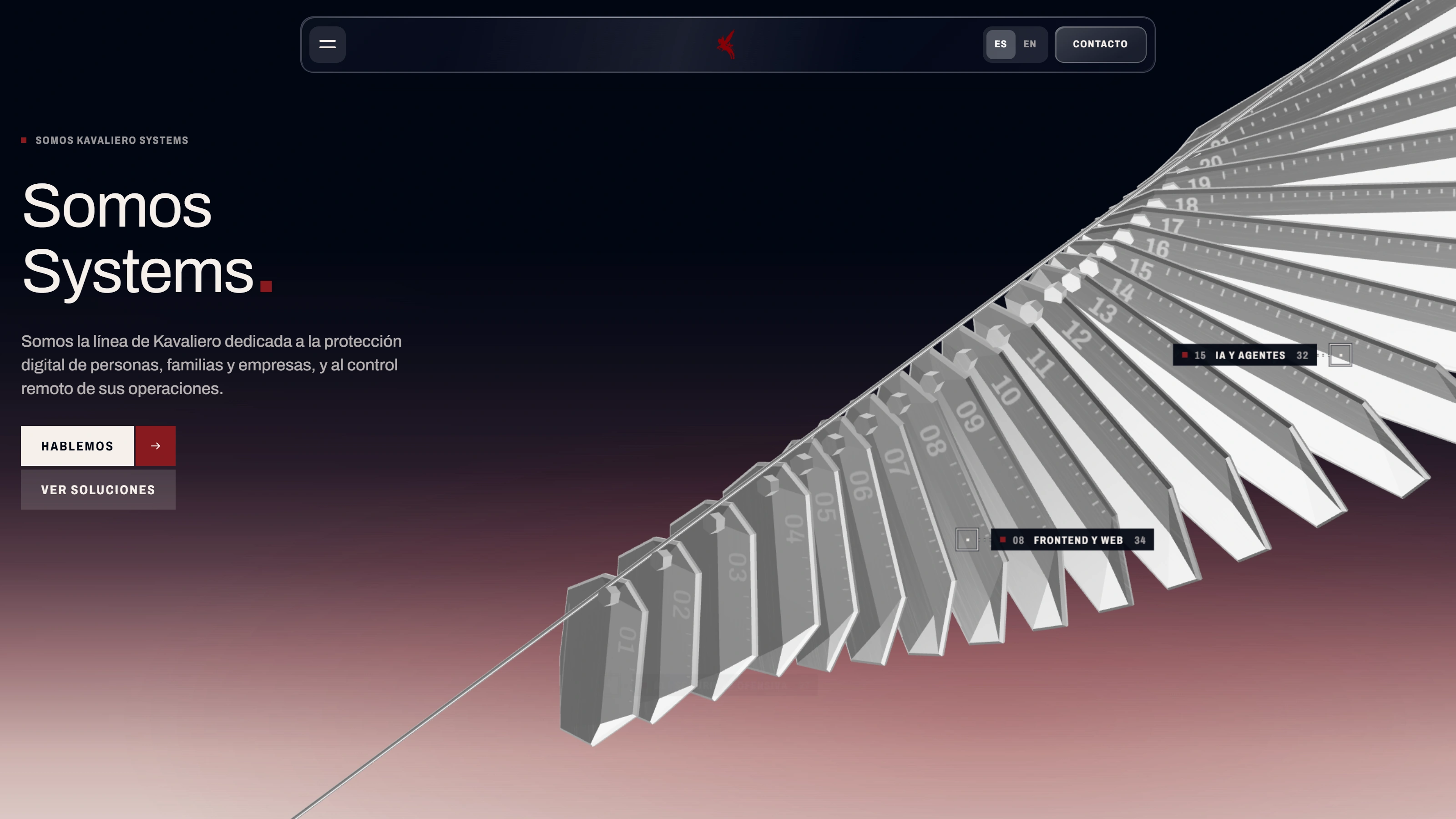 The About page of Kavaliero Systems: a wing of jointed steel on a dark ground, with labels naming its layers