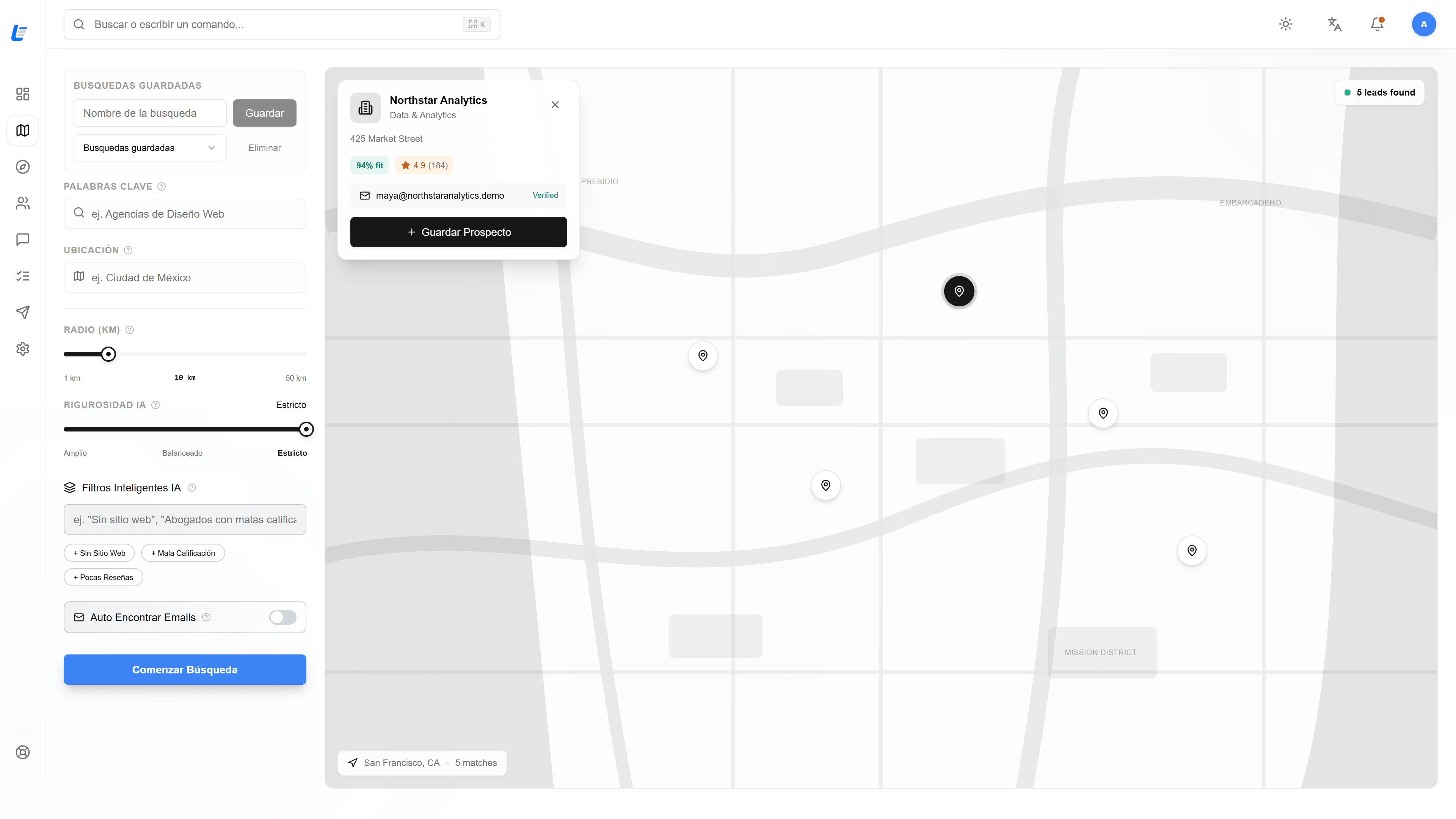 Fuente de prospectos de Leadesse con filtros de búsqueda y resultados situados en un mapa