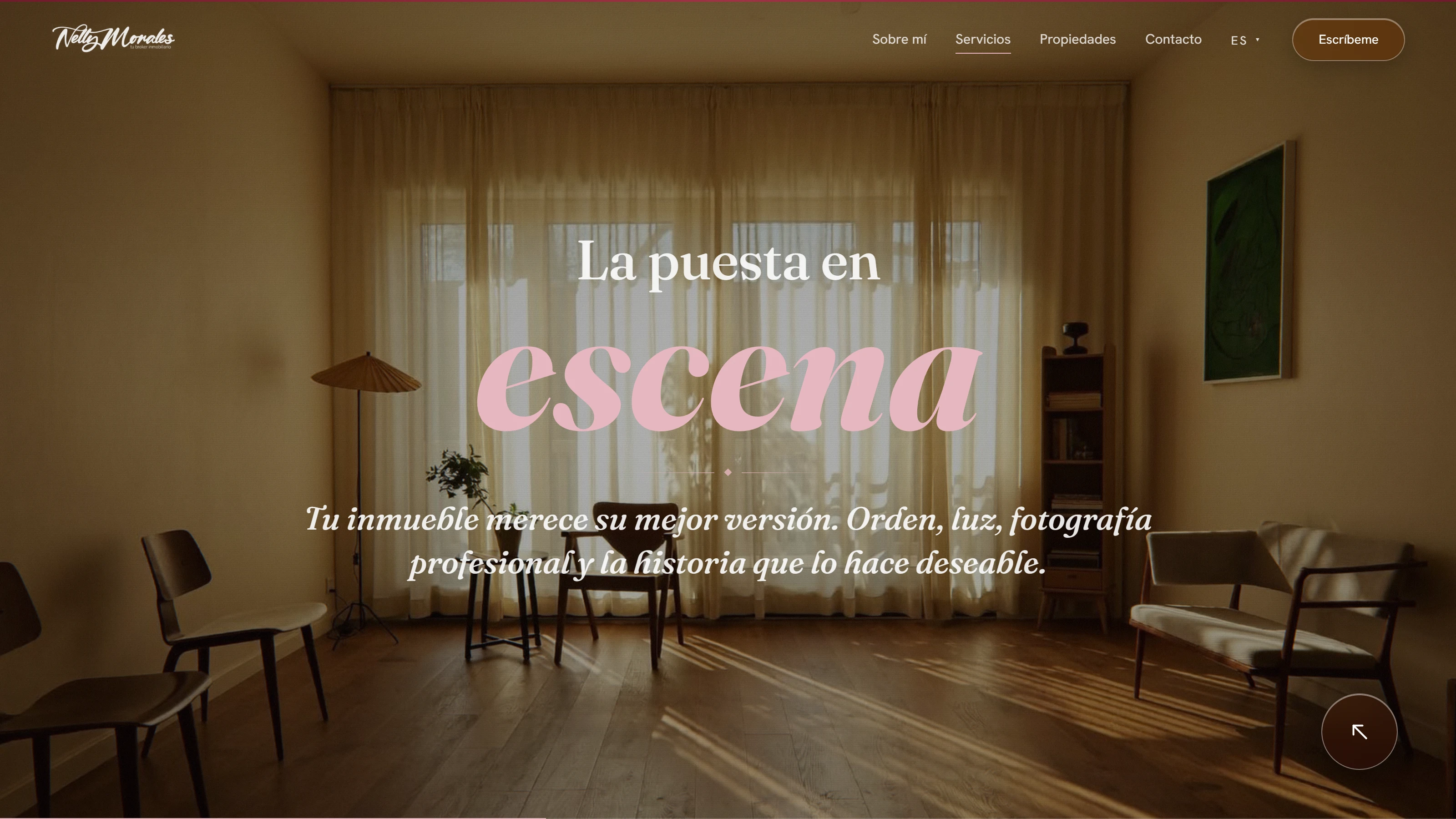 Una página de servicios a pantalla completa: la palabra «escena» en grande sobre la imagen de una sala con cortinas