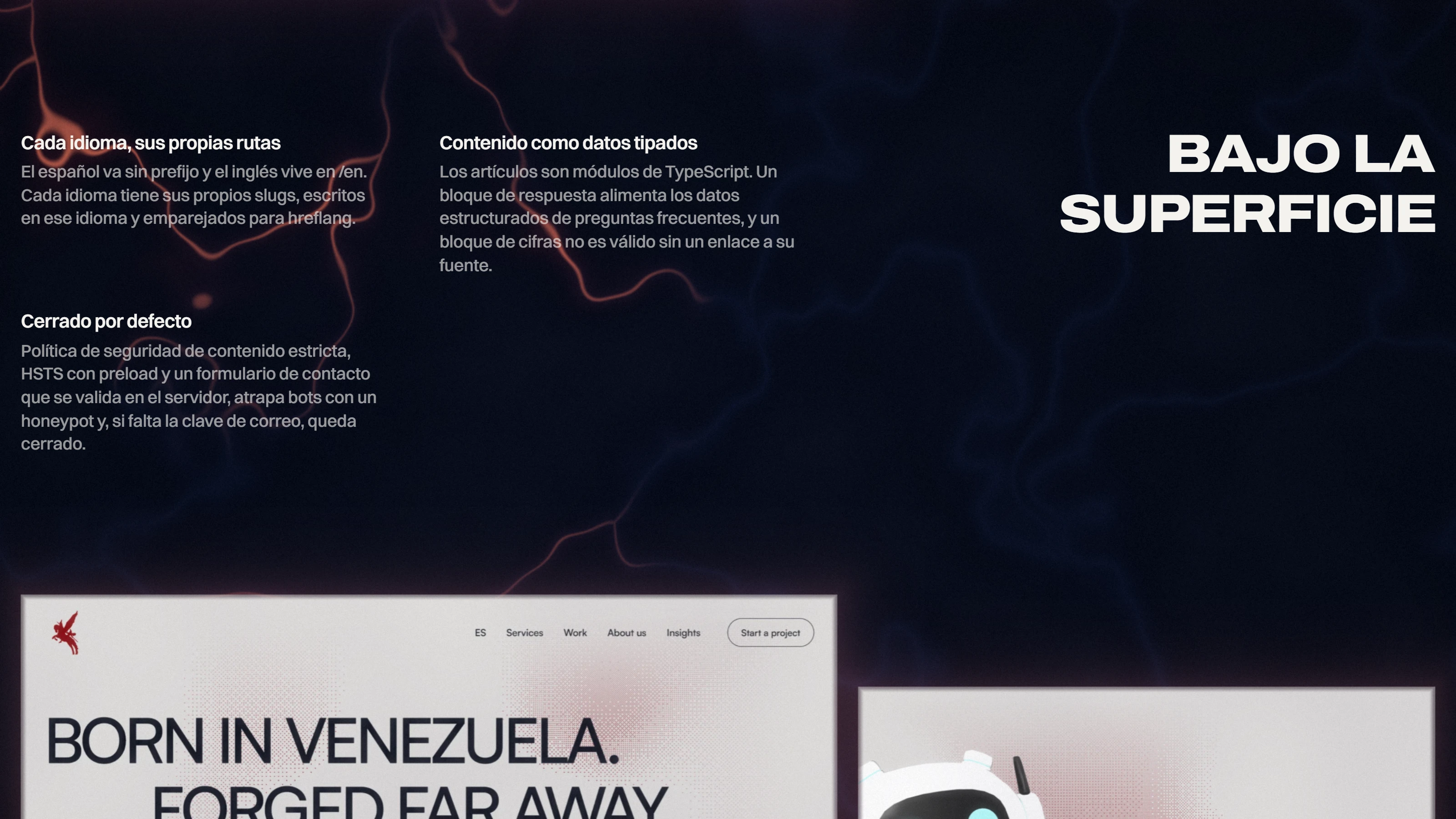 The layer beneath a case study page on the portfolio: a dark ground with glowing seams, the Spanish heading “Bajo la superficie” and three notes in light type, and two pictures in colour with a glow